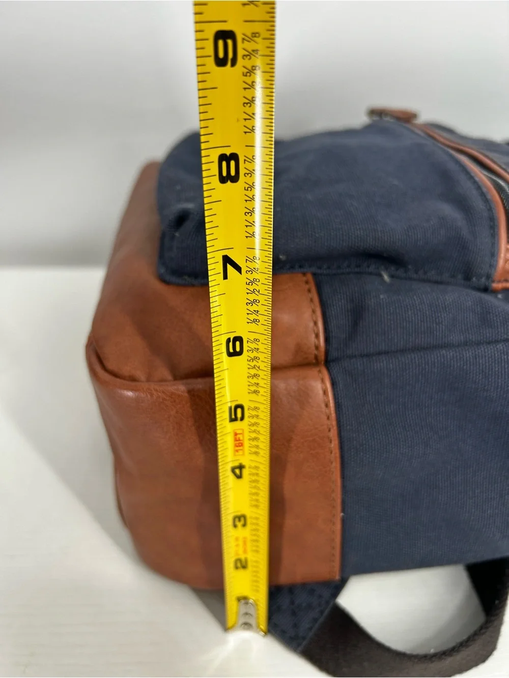 Fossil Backpack Canvas Leather 2 Tone Navy/Brown Pockets School Bag Casual